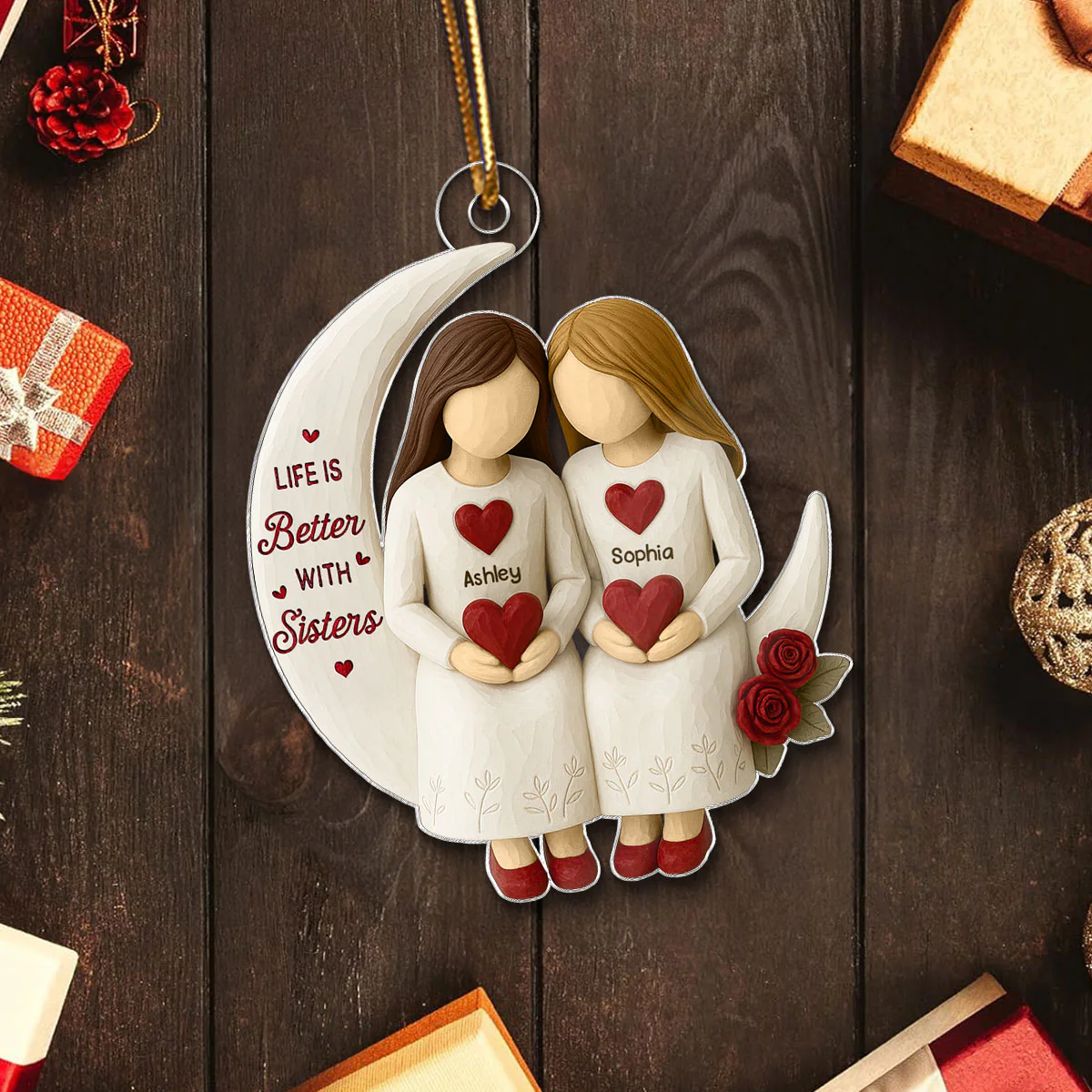 3D Effect Roses Sisters On Moon Wooden Texture - Personalized Acrylic Ornament - Christmas Gift For Sisters - Image 6