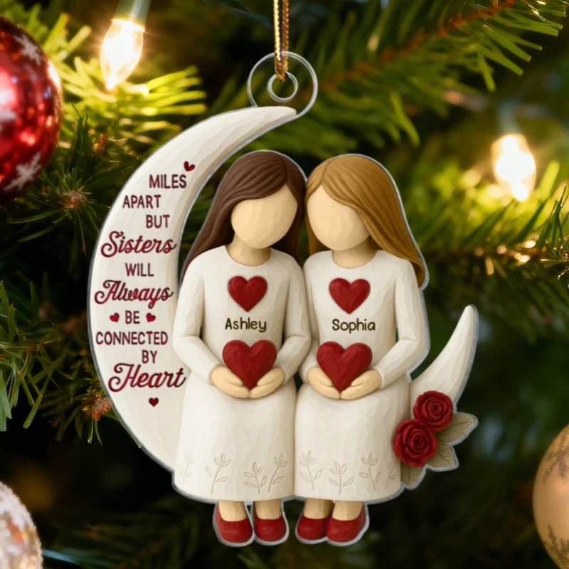3D Effect Roses Sisters On Moon Wooden Texture - Personalized Acrylic Ornament - Christmas Gift For Sisters - Image 8