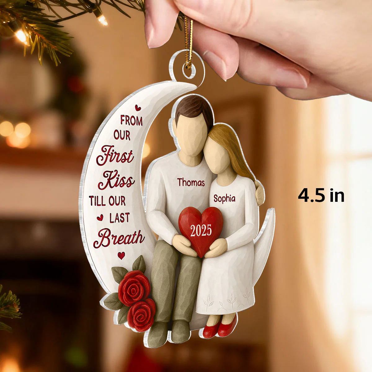 3D Effect Roses Wooden Texture Couple On Moon - Personalized Acrylic Ornament - Christmas Gift For Couple - Image 2