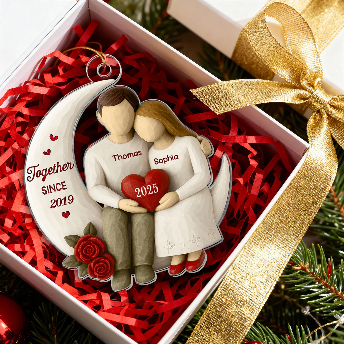 3D Effect Roses Wooden Texture Couple On Moon - Personalized Acrylic Ornament - Christmas Gift For Couple - Image 3