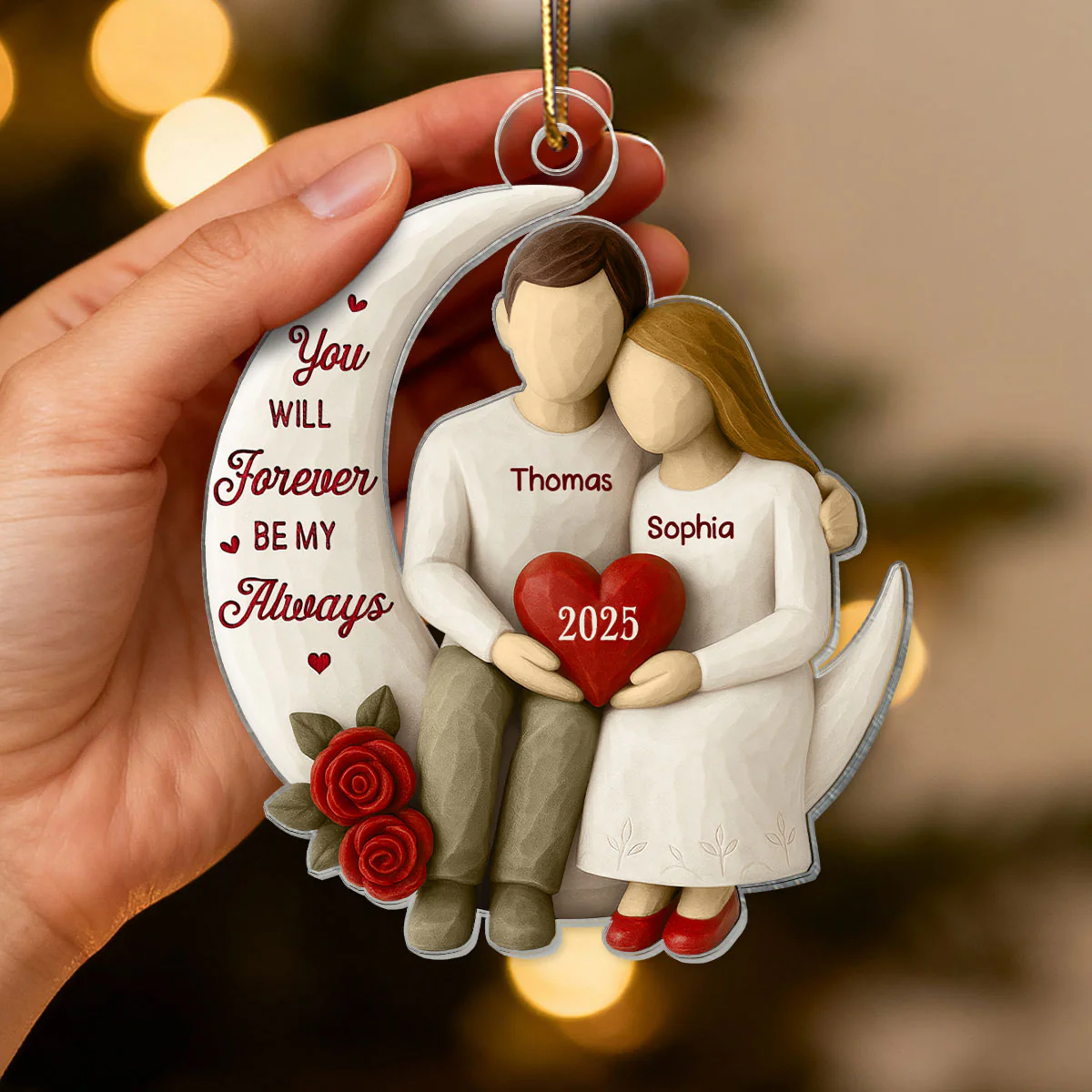 3D Effect Roses Wooden Texture Couple On Moon - Personalized Acrylic Ornament - Christmas Gift For Couple - Image 4