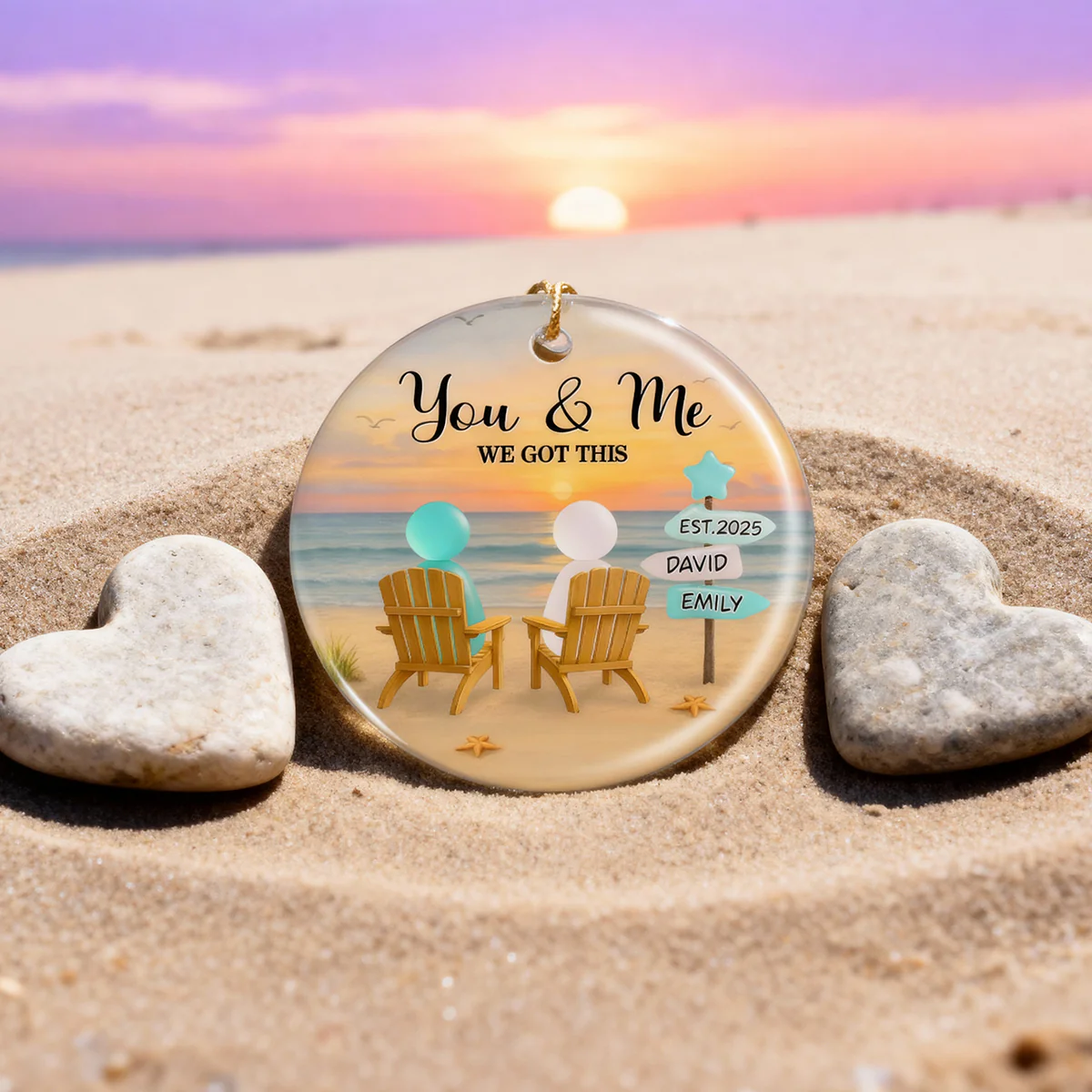 3D Effect Sea Glass Couple Romantic Beach Landscape Sign Posts - Personalized Ceramic Ornament - Heartfelt Christmas Gift For Couple - Image 3