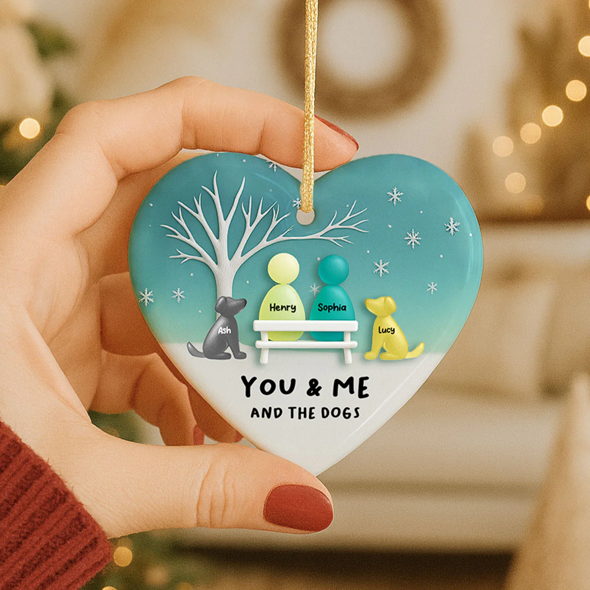 3D Effect Sea Glass Couple & the Dogs - Personalized Ceramic Ornament with Acrylic - Christmas Gift for him, Gift for her - Image 3