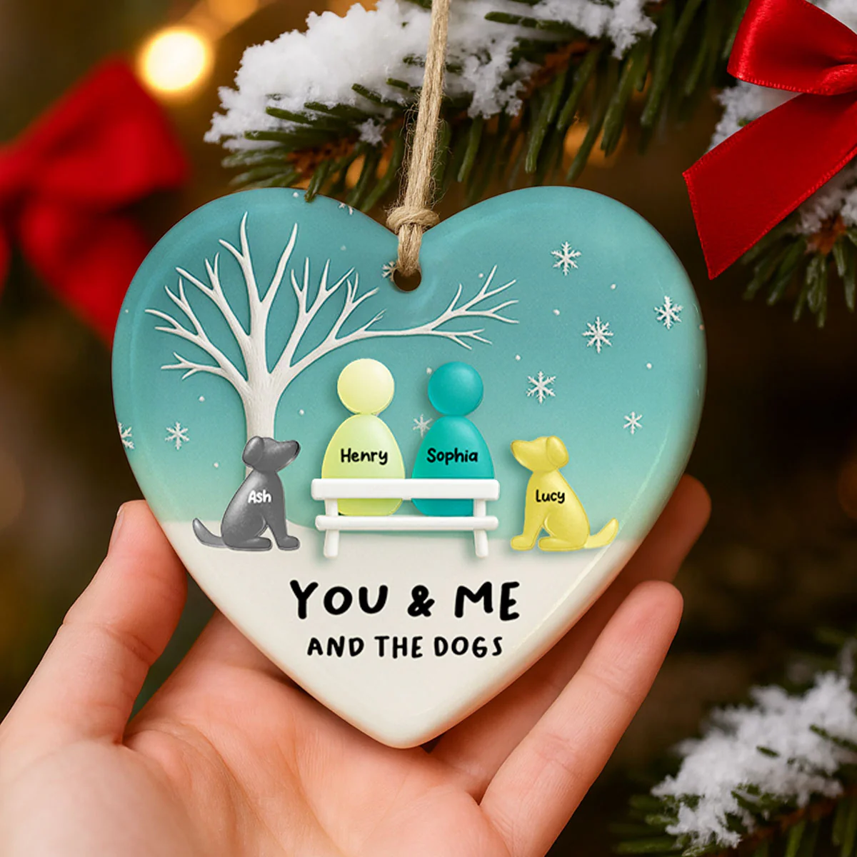 3D Effect Sea Glass Couple & the Dogs - Personalized Ceramic Ornament with Acrylic - Christmas Gift for him, Gift for her - Image 4