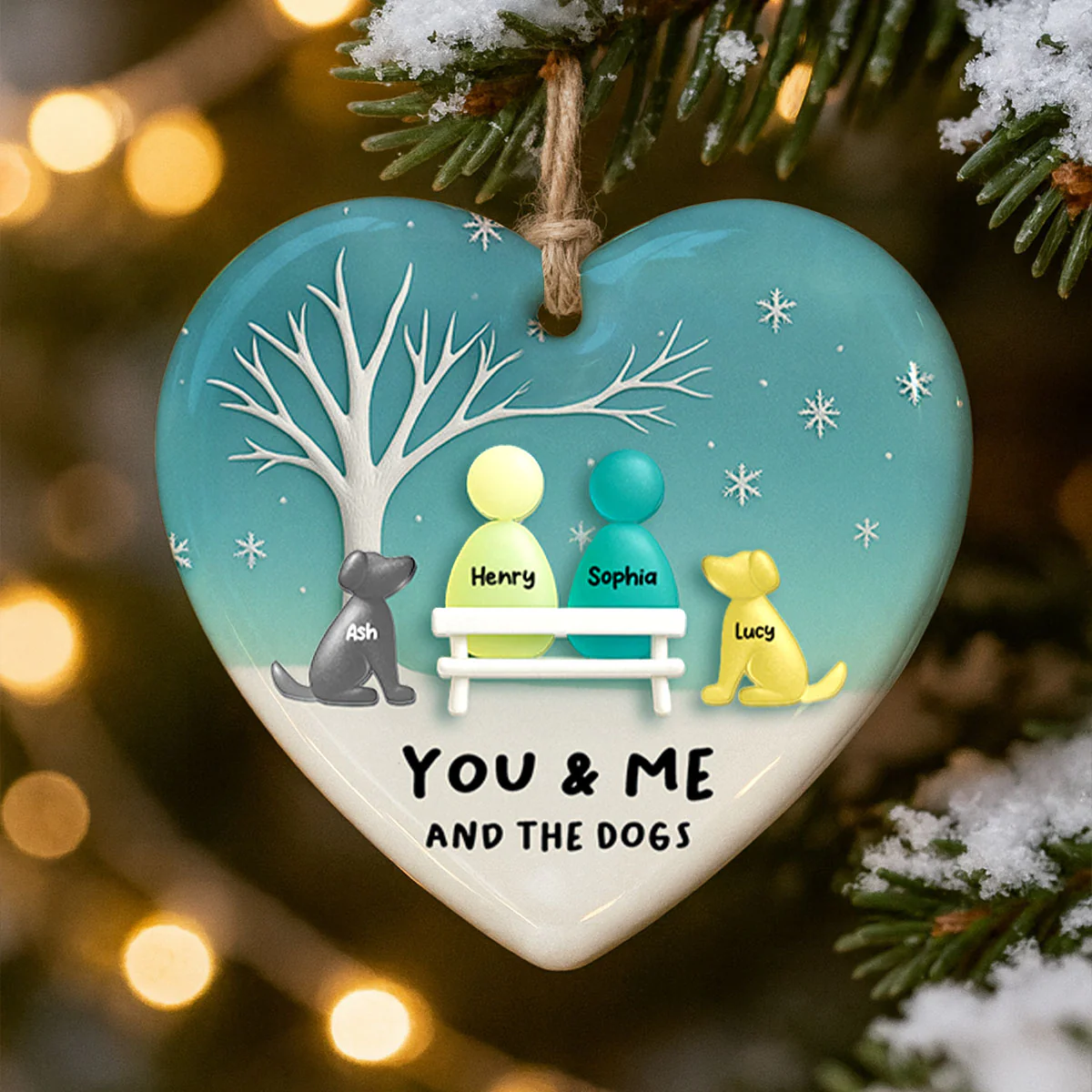 3D Effect Sea Glass Couple & the Dogs - Personalized Ceramic Ornament with Acrylic - Christmas Gift for him, Gift for her - Image 5
