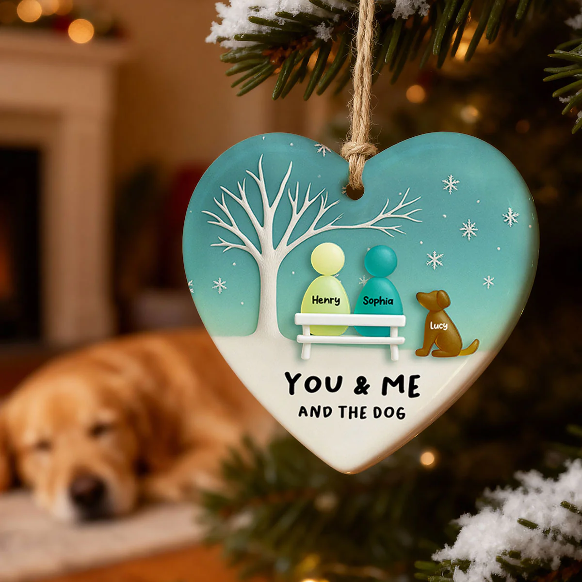 3D Effect Sea Glass Couple & the Dogs - Personalized Ceramic Ornament with Acrylic - Christmas Gift for him, Gift for her - Image 6