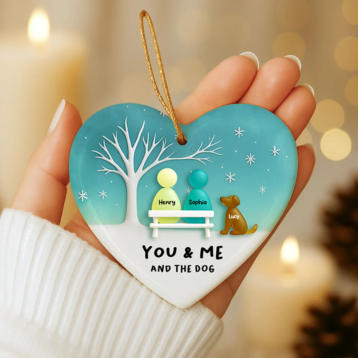 3D Effect Sea Glass Couple & the Dogs - Personalized Ceramic Ornament with Acrylic - Christmas Gift for him, Gift for her - Image 7