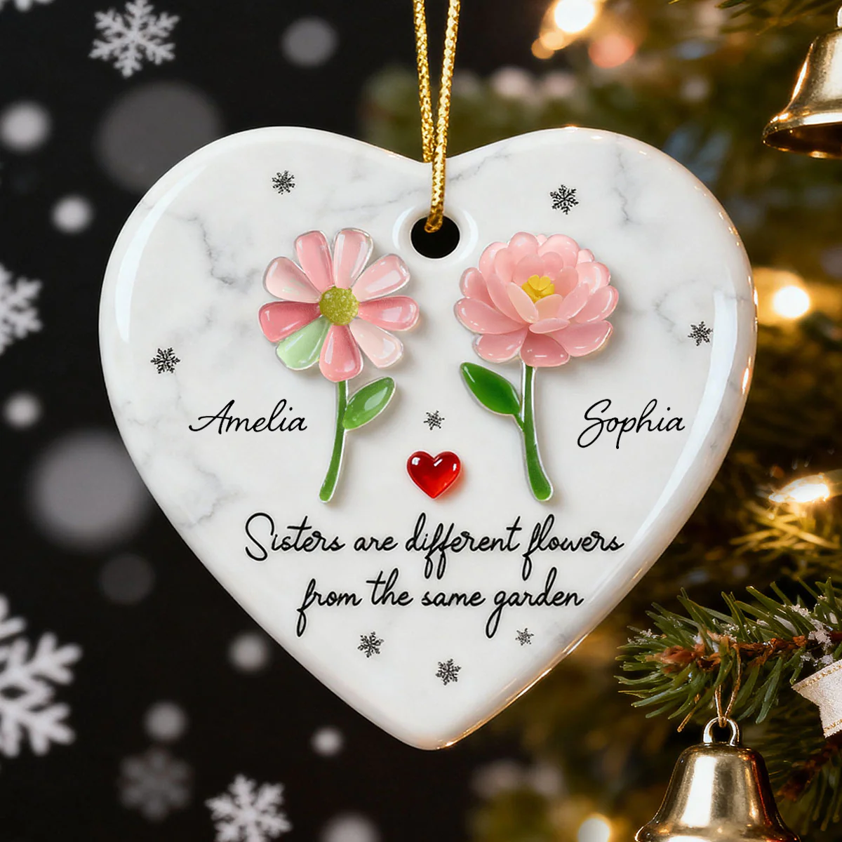 3D Effect Sea Glass Sisters Are Different Flowers from the Same Garden - Personalized Ceramic Ornament with Acrylic