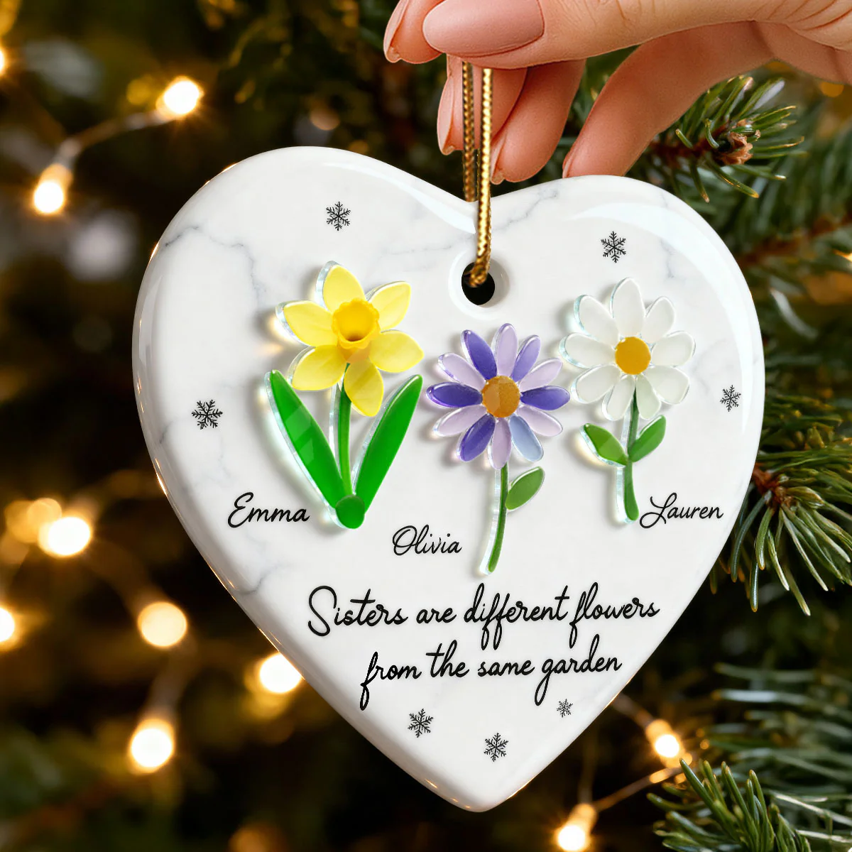 3D Effect Sea Glass Sisters Are Different Flowers from the Same Garden - Personalized Ceramic Ornament with Acrylic - Image 2