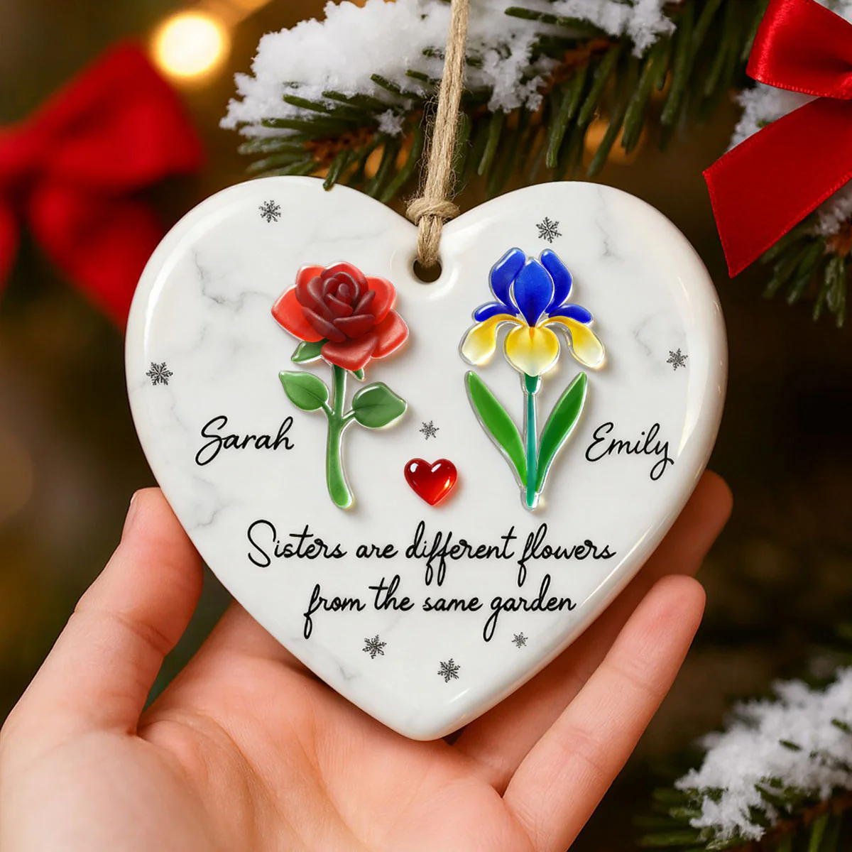 3D Effect Sea Glass Sisters Are Different Flowers from the Same Garden - Personalized Ceramic Ornament with Acrylic - Image 8