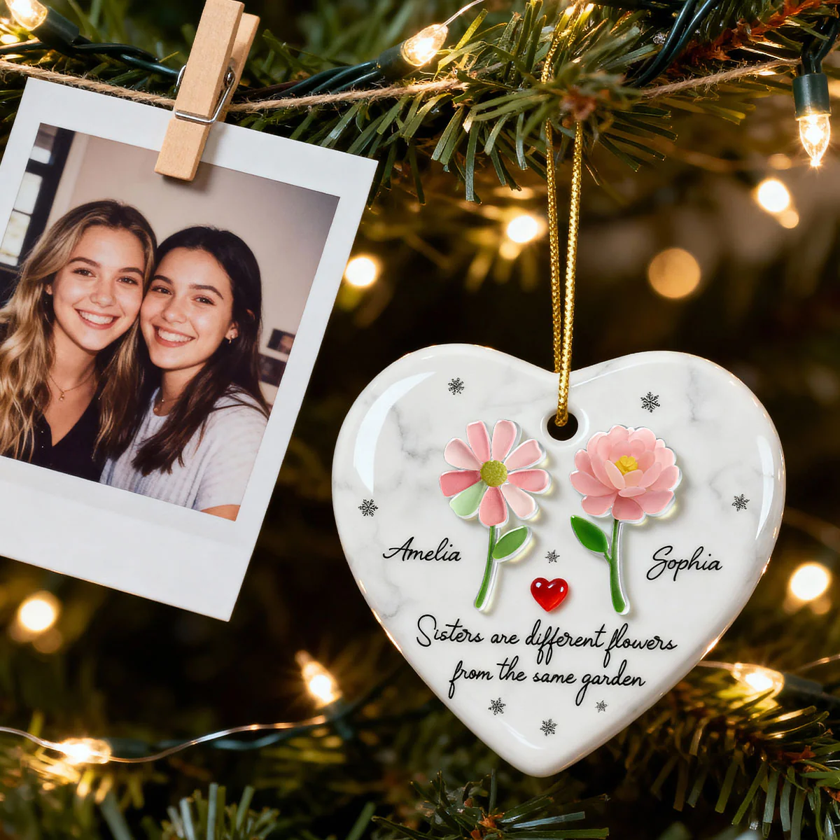 3D Effect Sea Glass Sisters Are Different Flowers from the Same Garden - Personalized Ceramic Ornament with Acrylic - Image 9