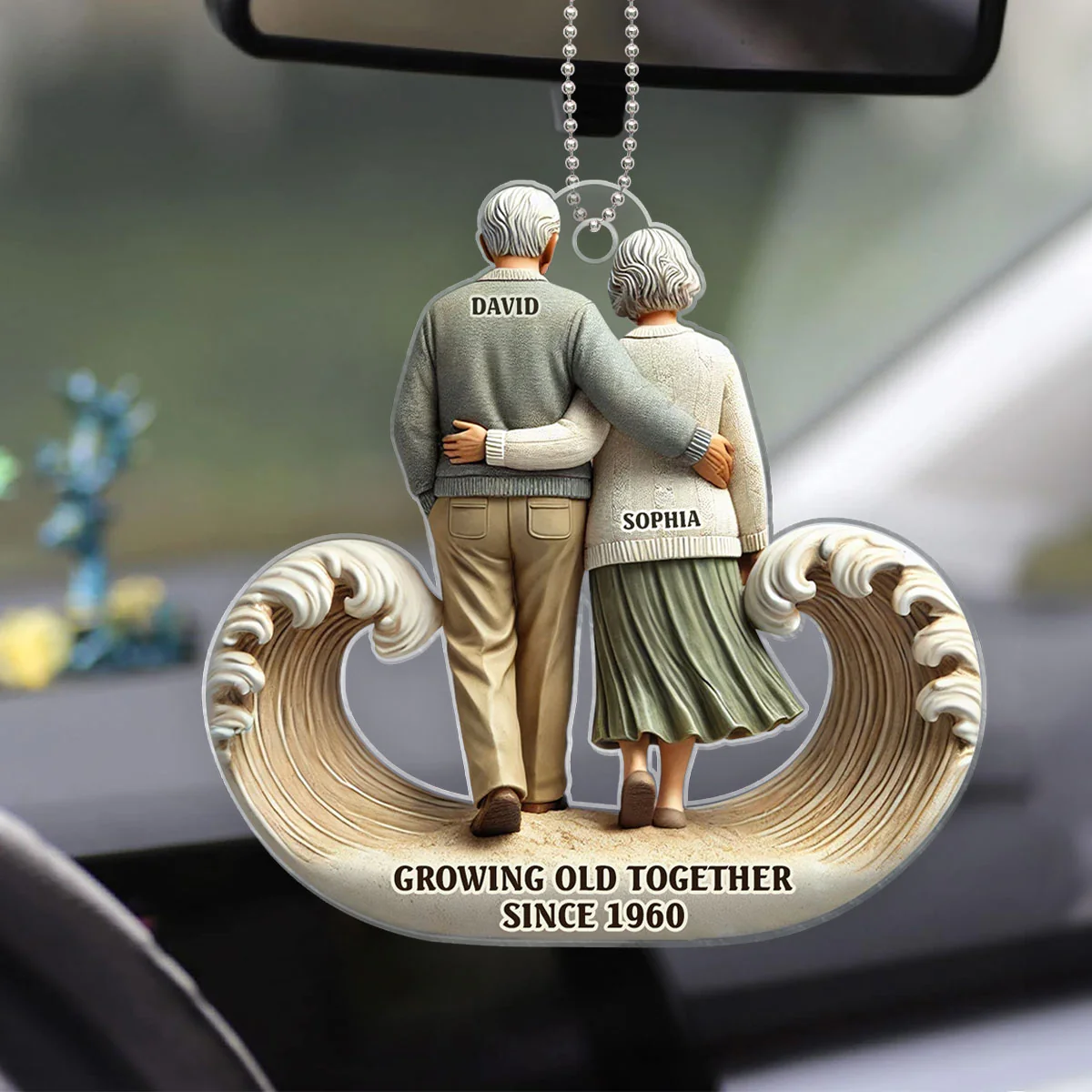 3D Effect Sea Waves Old Couple Walking Together Personalized Car Hanger Ornament, Heartfelt Gift For Couple, For Him, For Her, Husband, Wife - Image 3
