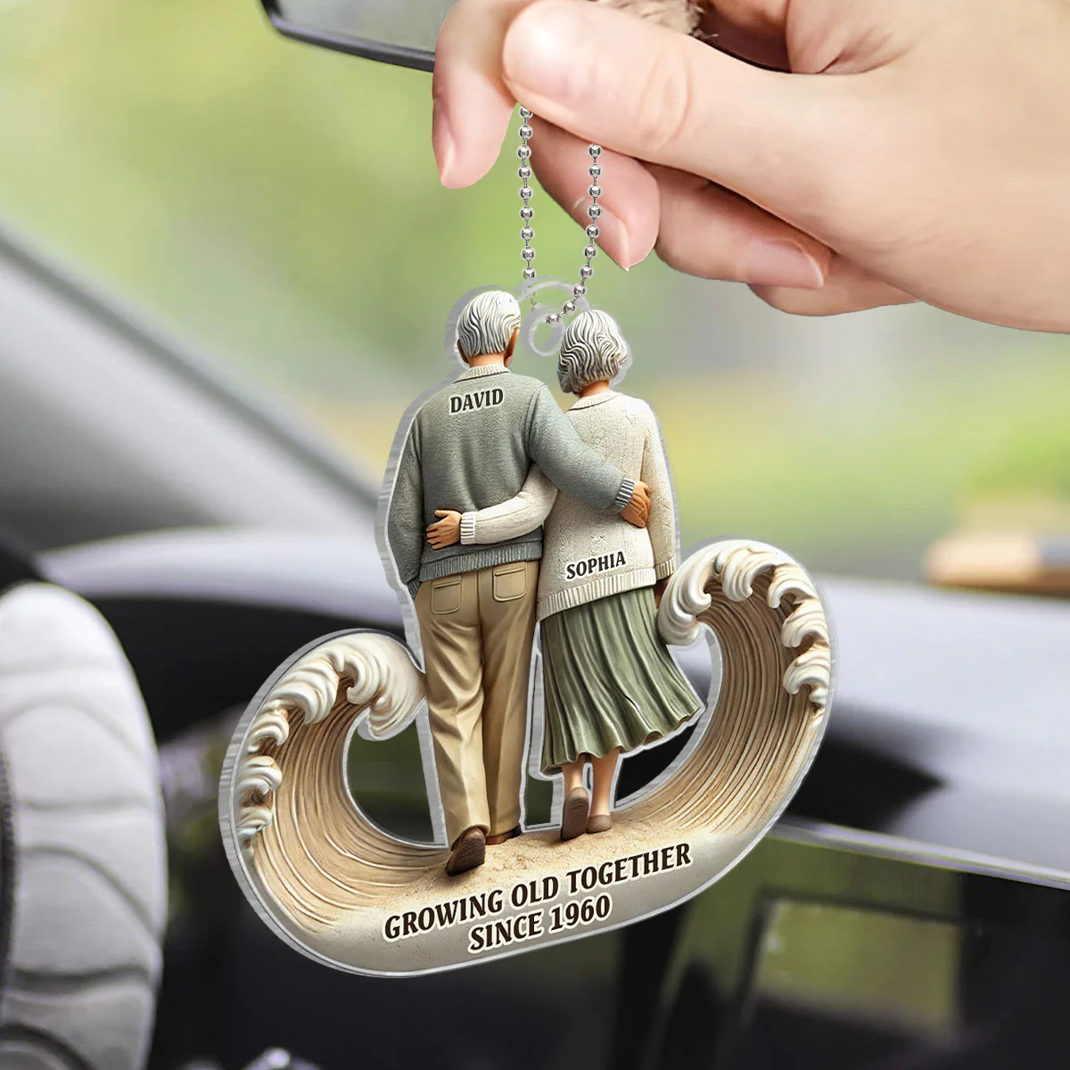 3D Effect Sea Waves Old Couple Walking Together Personalized Car Hanger Ornament, Heartfelt Gift For Couple, For Him, For Her, Husband, Wife - Image 4