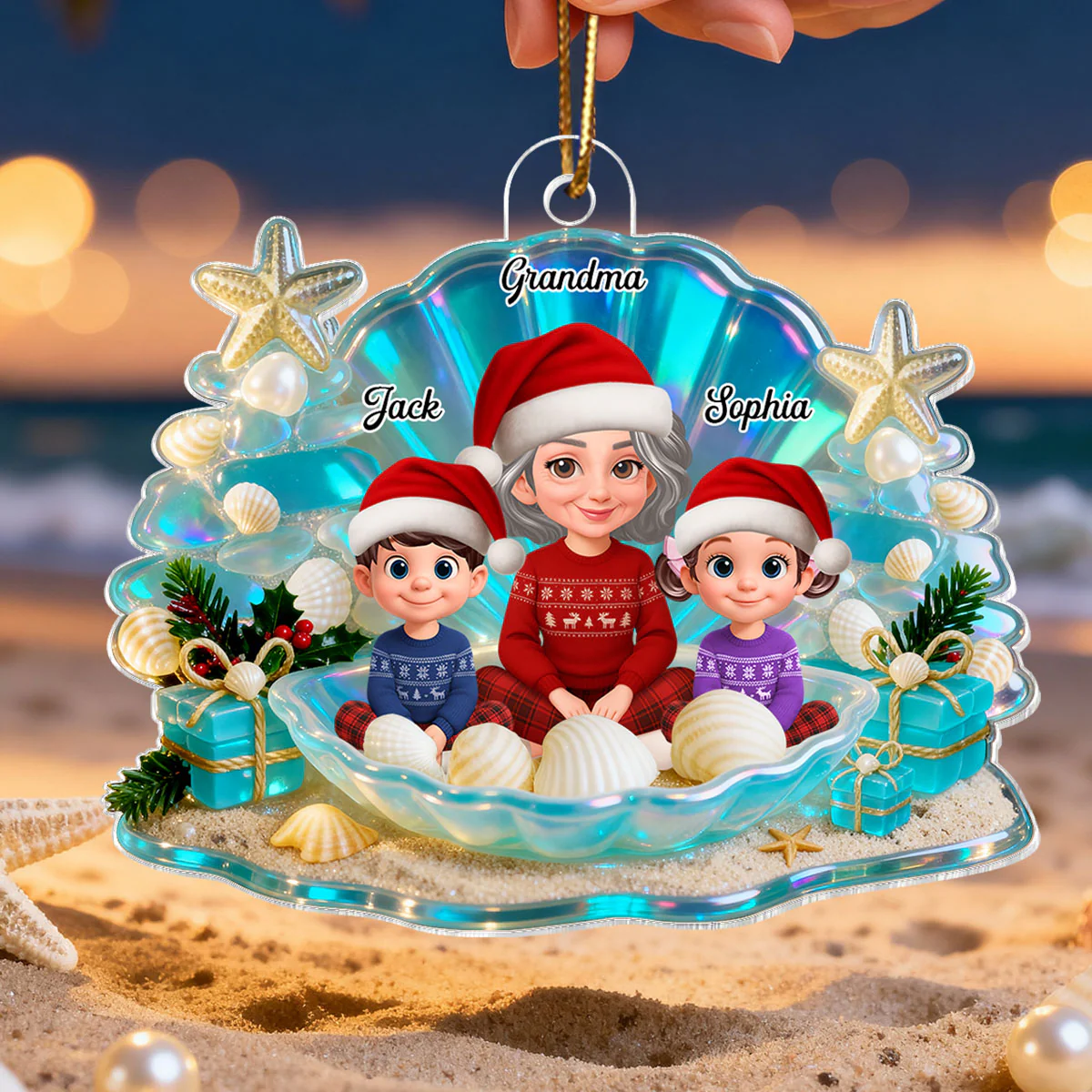 3D Effect Seashell Grandma Grandkids Christmas Together - Personalized Acrylic Ornament - Image 10