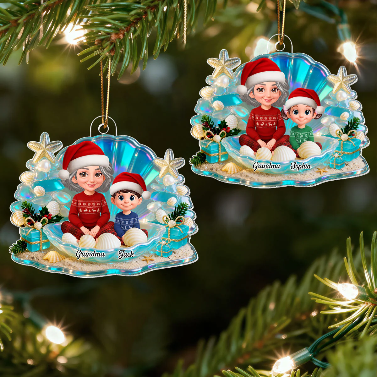 3D Effect Seashell Grandma Grandkids Christmas Together - Personalized Acrylic Ornament - Image 12