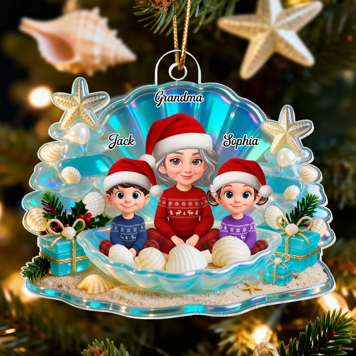 3D Effect Seashell Grandma Grandkids Christmas Together - Personalized Acrylic Ornament - Image 2