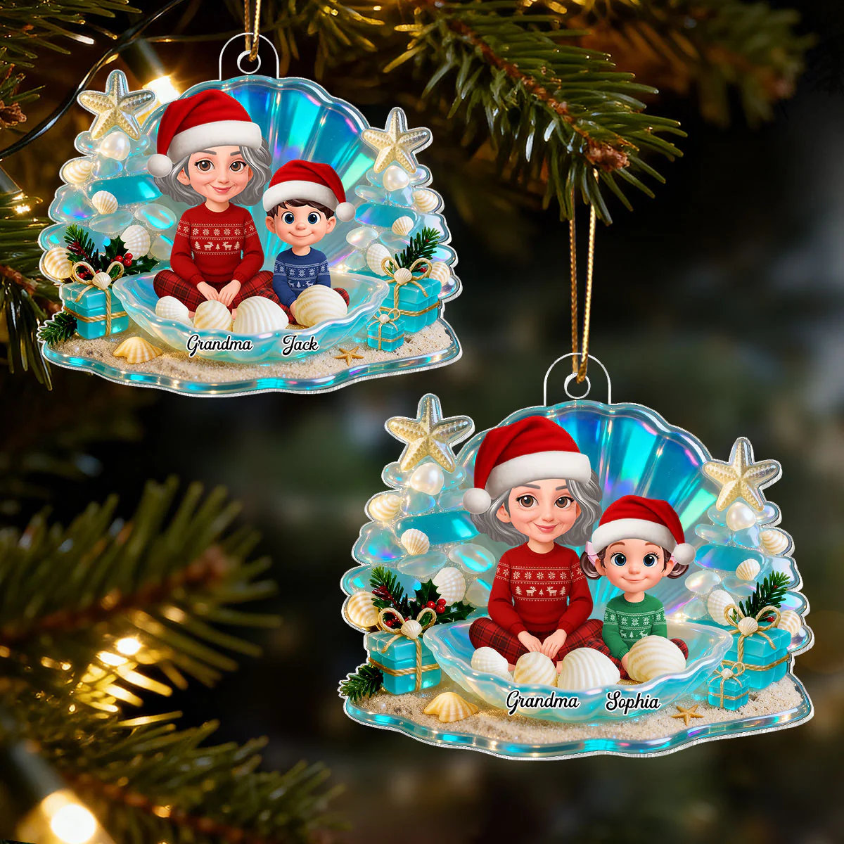 3D Effect Seashell Grandma Grandkids Christmas Together - Personalized Acrylic Ornament - Image 4