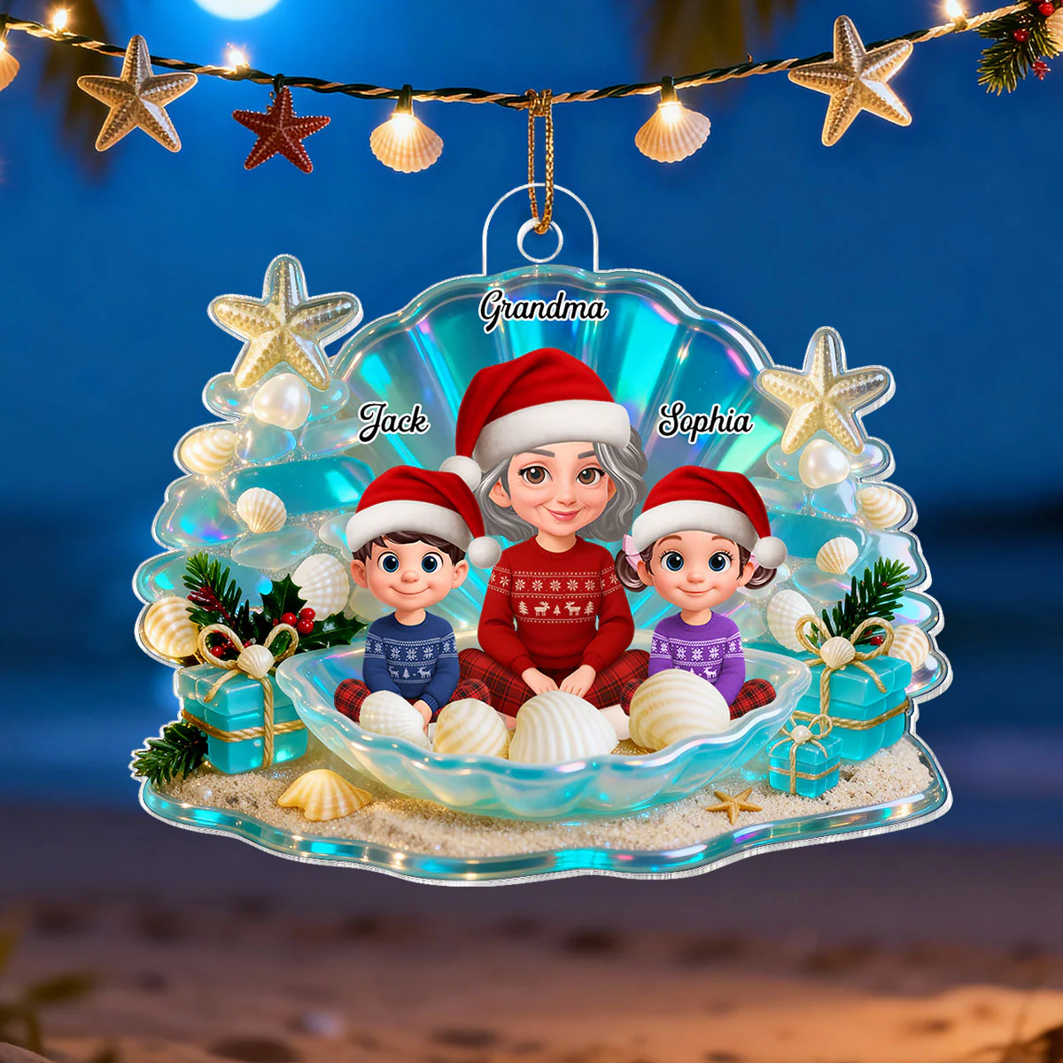 3D Effect Seashell Grandma Grandkids Christmas Together - Personalized Acrylic Ornament - Image 5