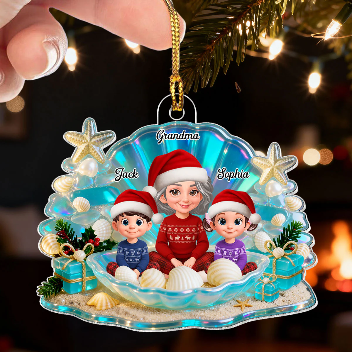 3D Effect Seashell Grandma Grandkids Christmas Together - Personalized Acrylic Ornament - Image 7