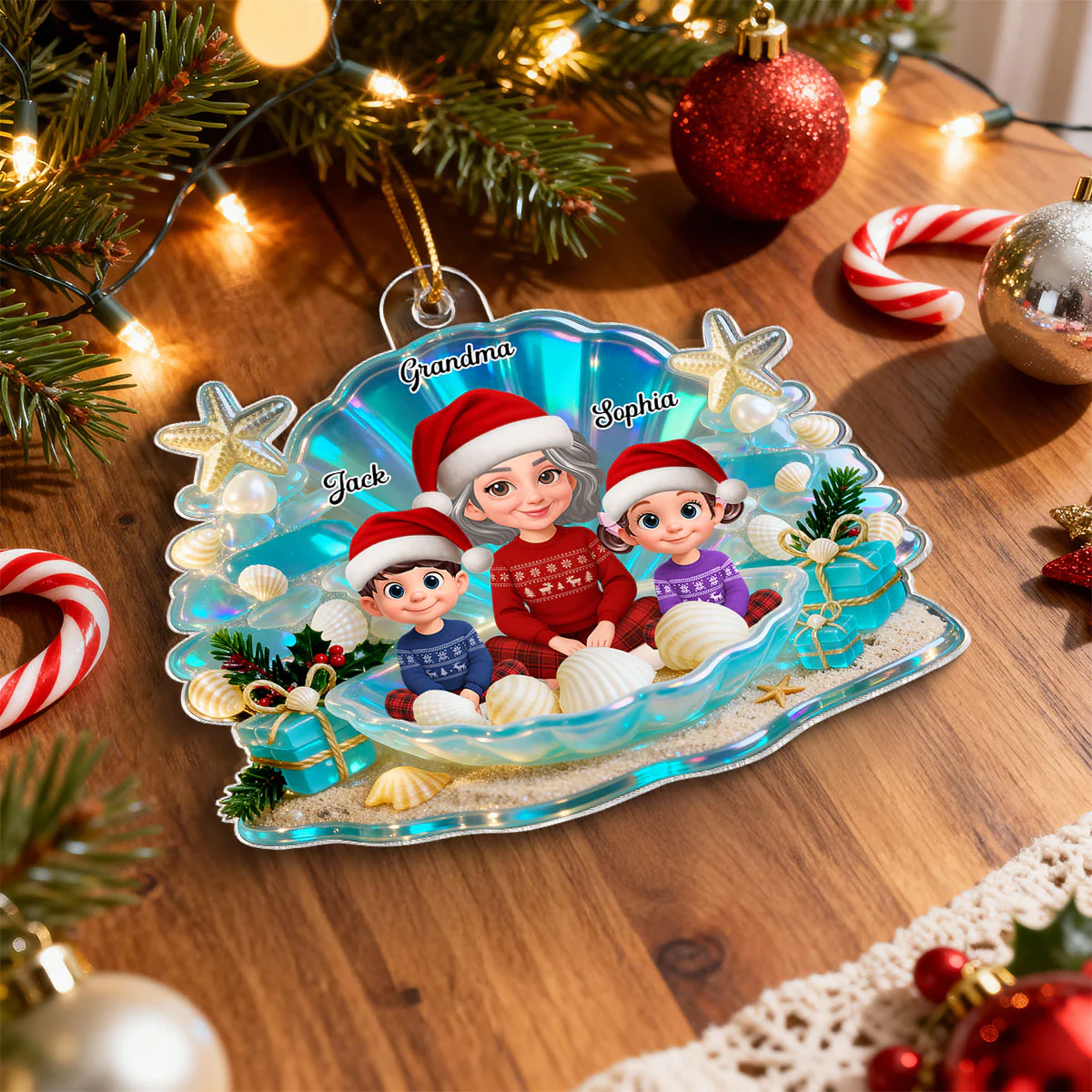 3D Effect Seashell Grandma Grandkids Christmas Together - Personalized Acrylic Ornament - Image 9