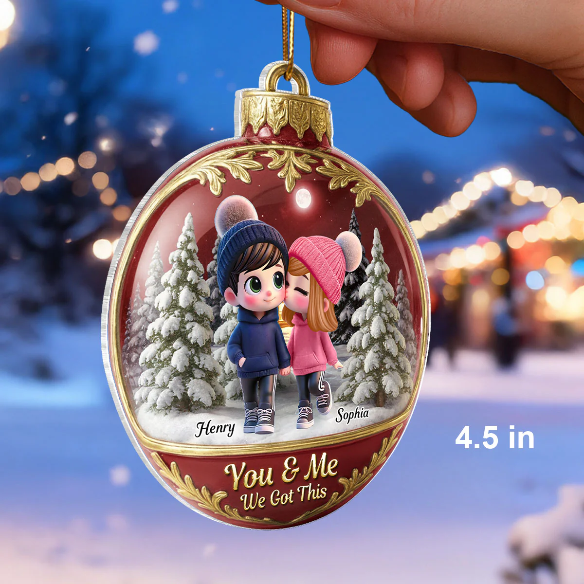3D Effect Snow Globe Cartoon Couple - Personalized Acrylic Ornament - Christmas Gift for him, Gift for her - Image 2