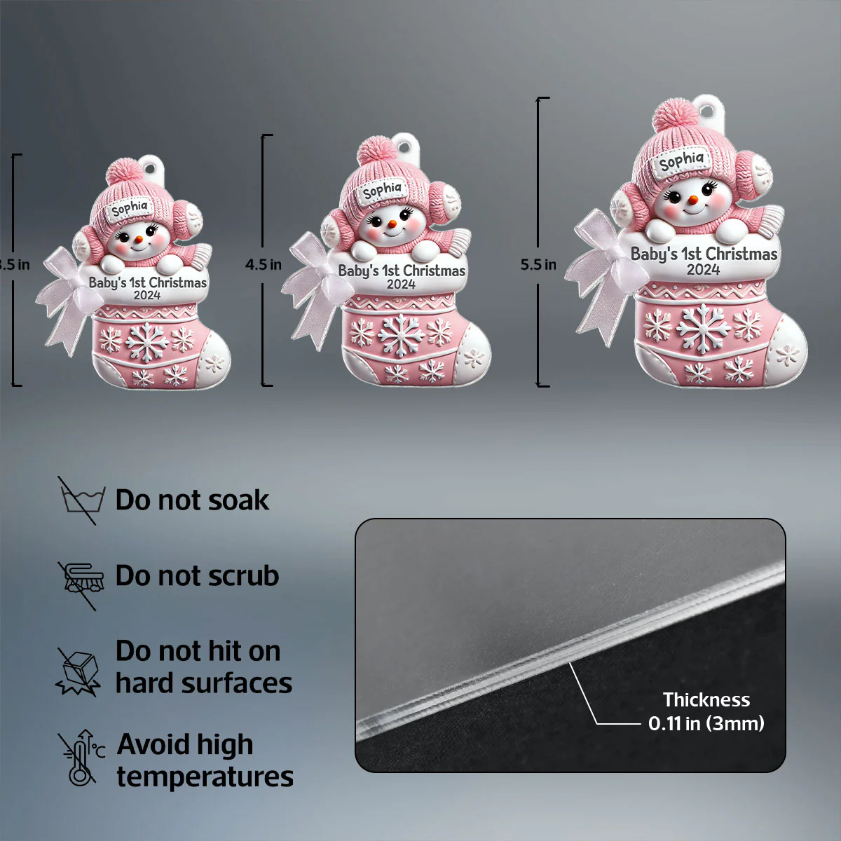 3D Effect Snowbaby On Stocking Baby's 1st Christmas Keepsake Personalized Acrylic Flat Ornament - Image 8