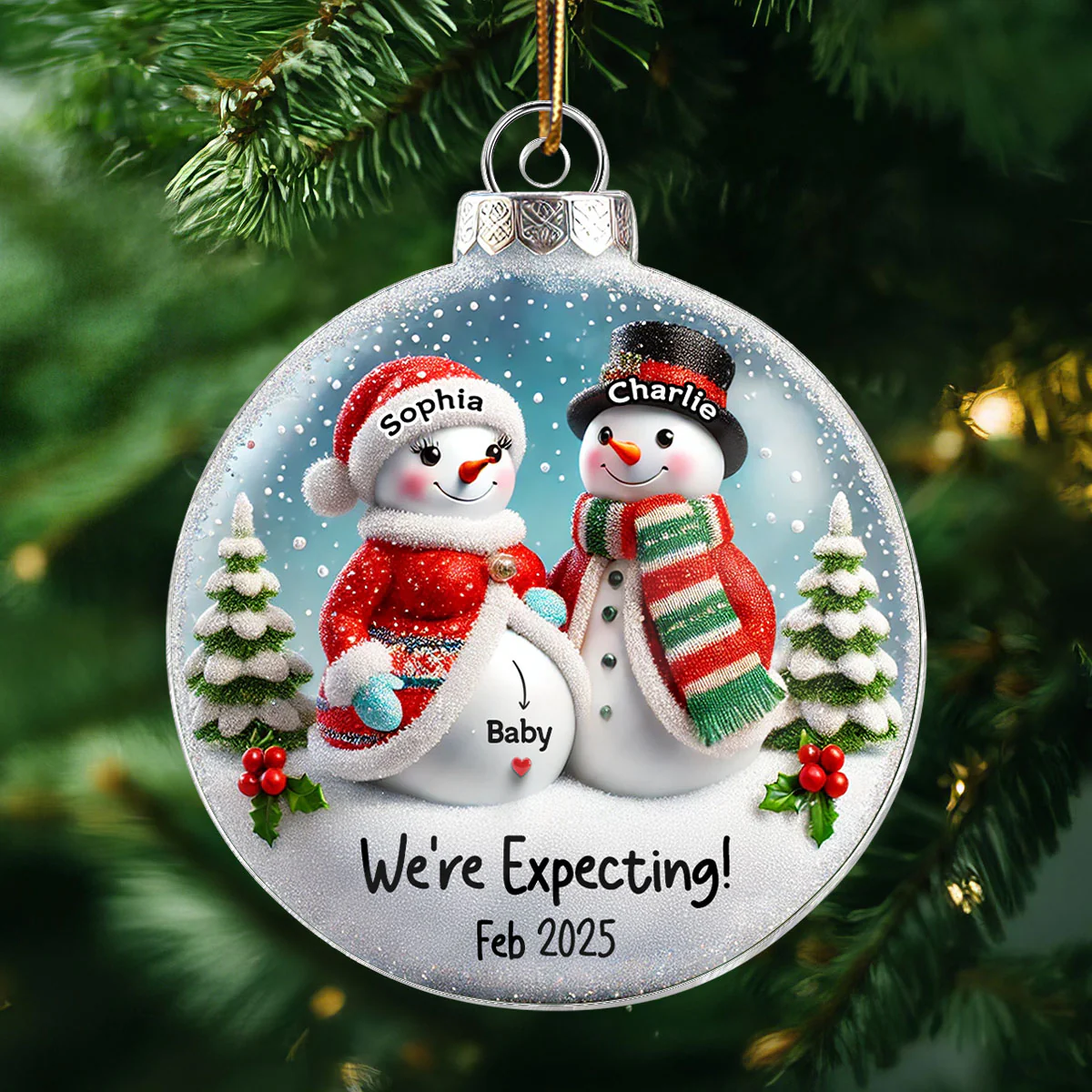 3D Effect Snowman Couple Expecting Parents Pregnancy Announcement Keepsake Personalized Acrylic Ornament