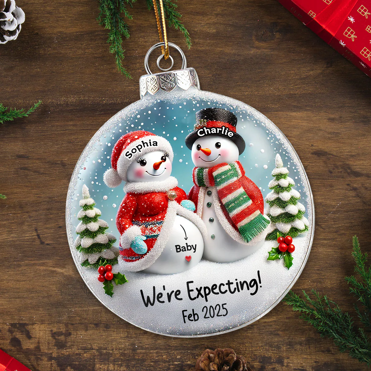 3D Effect Snowman Couple Expecting Parents Pregnancy Announcement Keepsake Personalized Acrylic Ornament - Image 4