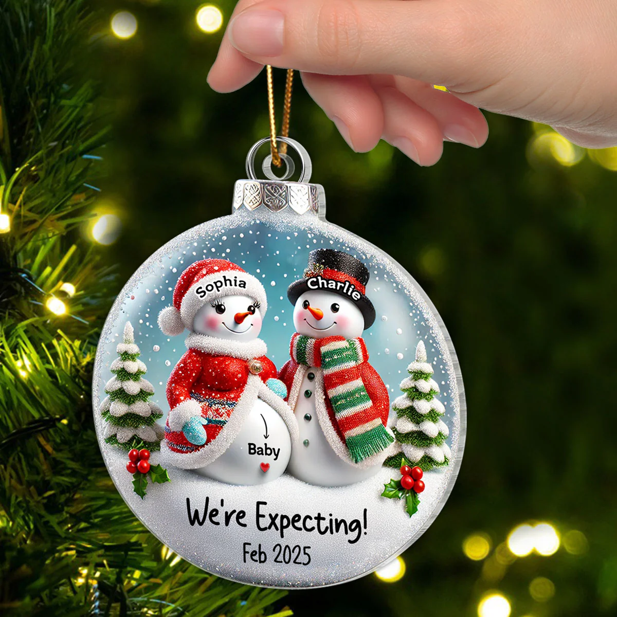 3D Effect Snowman Couple Expecting Parents Pregnancy Announcement Keepsake Personalized Acrylic Ornament - Image 5