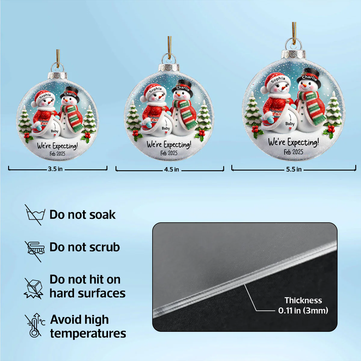 3D Effect Snowman Couple Expecting Parents Pregnancy Announcement Keepsake Personalized Acrylic Ornament - Image 7