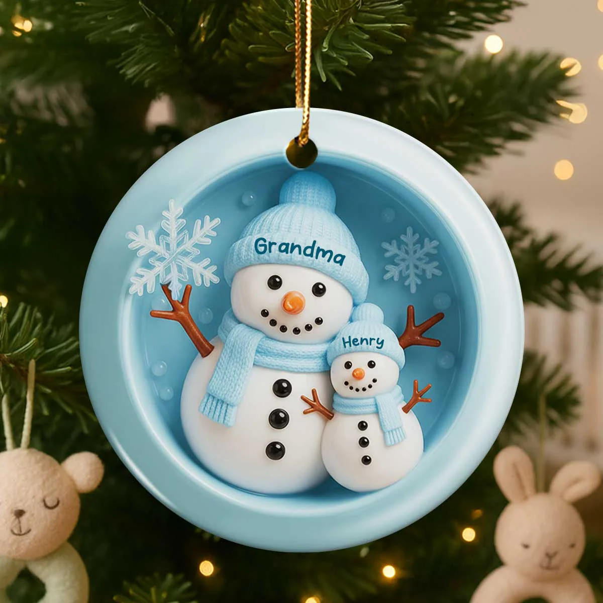 3D Effect Snowman Grandma Granddaughter Grandson - Personalized Ceramic Ornament - Image 2
