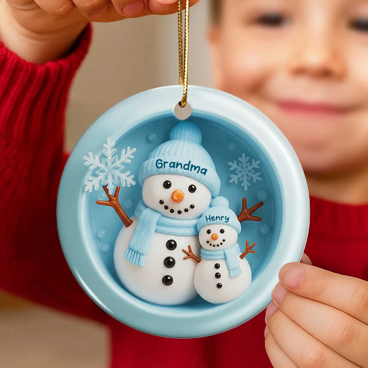 3D Effect Snowman Grandma Granddaughter Grandson - Personalized Ceramic Ornament - Image 5