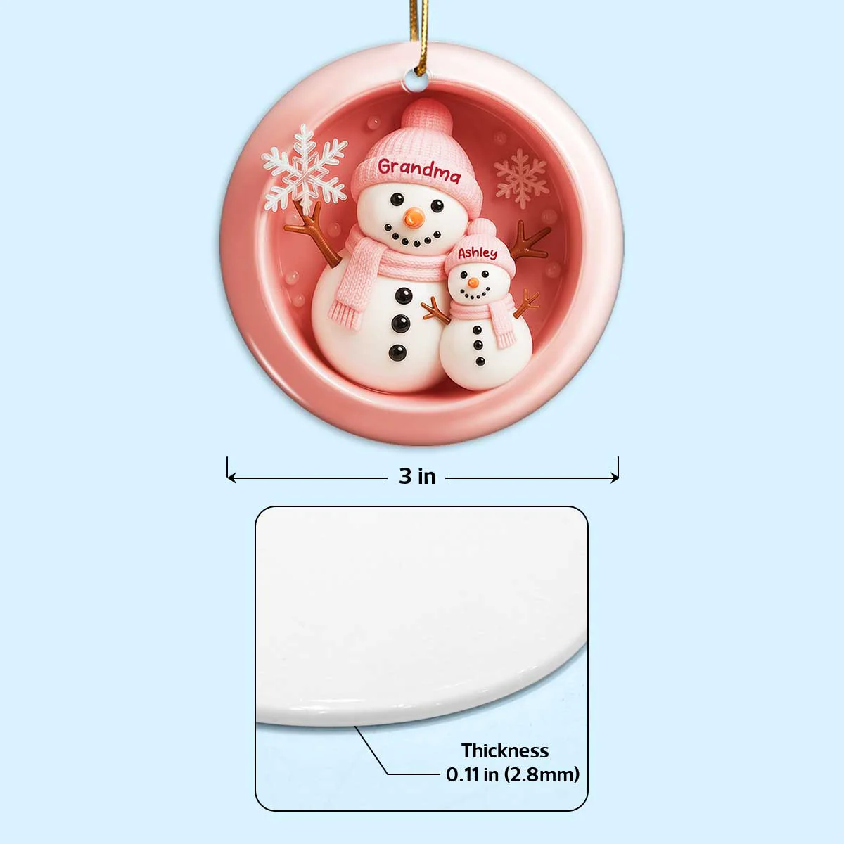3D Effect Snowman Grandma Granddaughter Grandson - Personalized Ceramic Ornament - Image 6