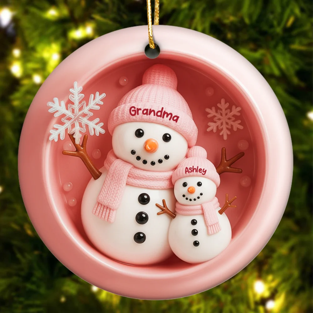 3D Effect Snowman Grandma Granddaughter Grandson - Personalized Ceramic Ornament - Image 8