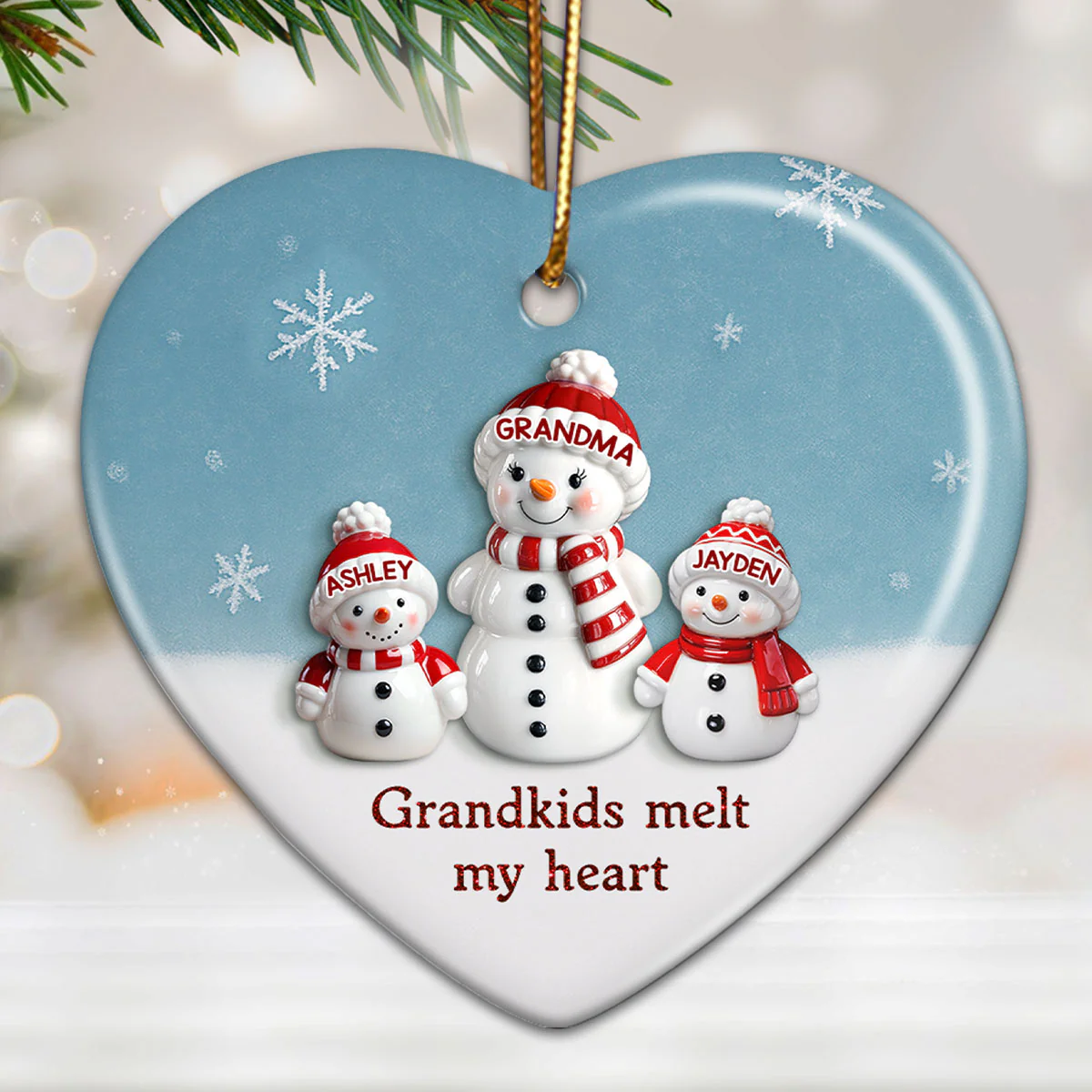 3D Effect Snowman Grandma & Grandkids - Personalized Ceramic Ornament - Christmas Gift For Grandchildren, Grandma - Image 2