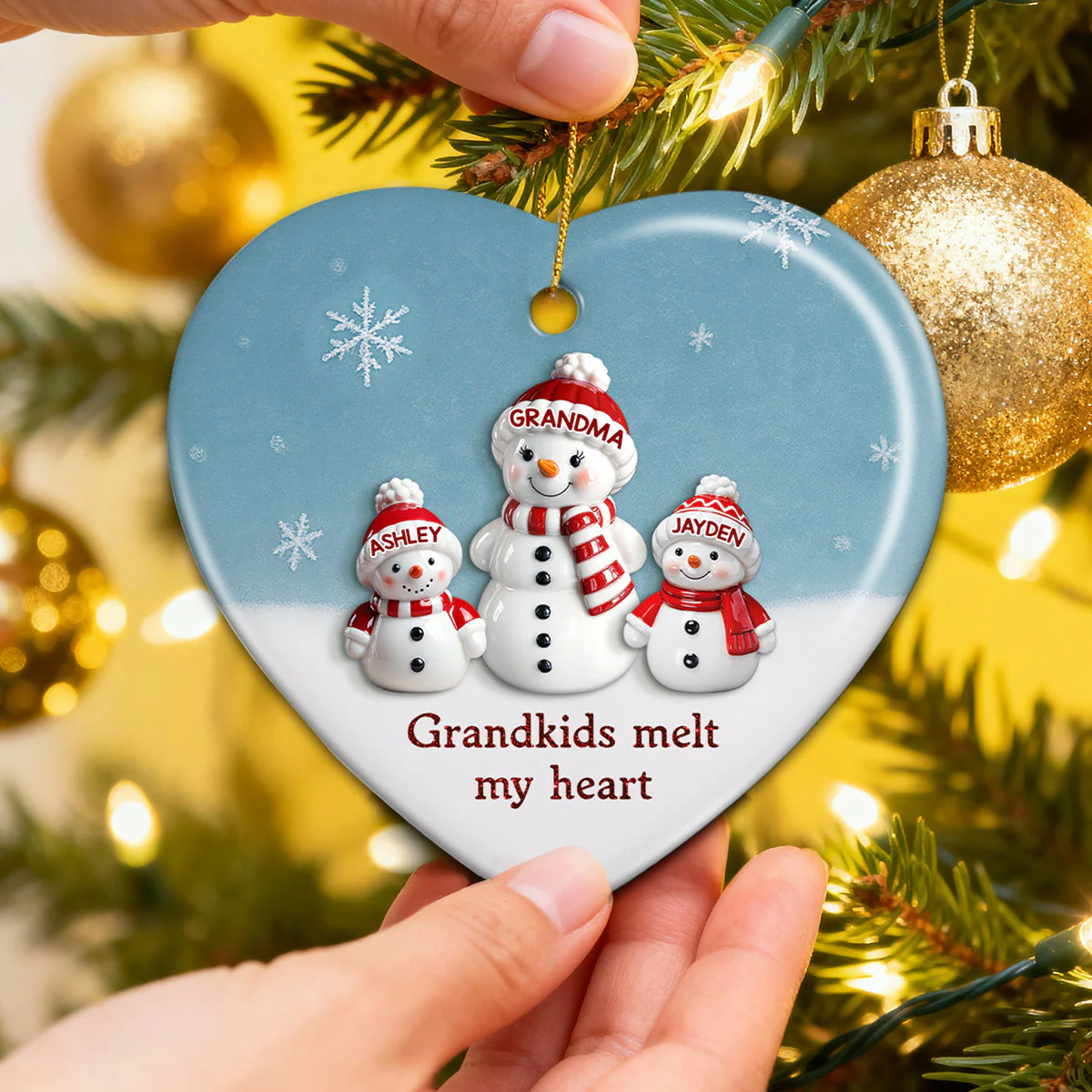 3D Effect Snowman Grandma & Grandkids - Personalized Ceramic Ornament - Christmas Gift For Grandchildren, Grandma - Image 3