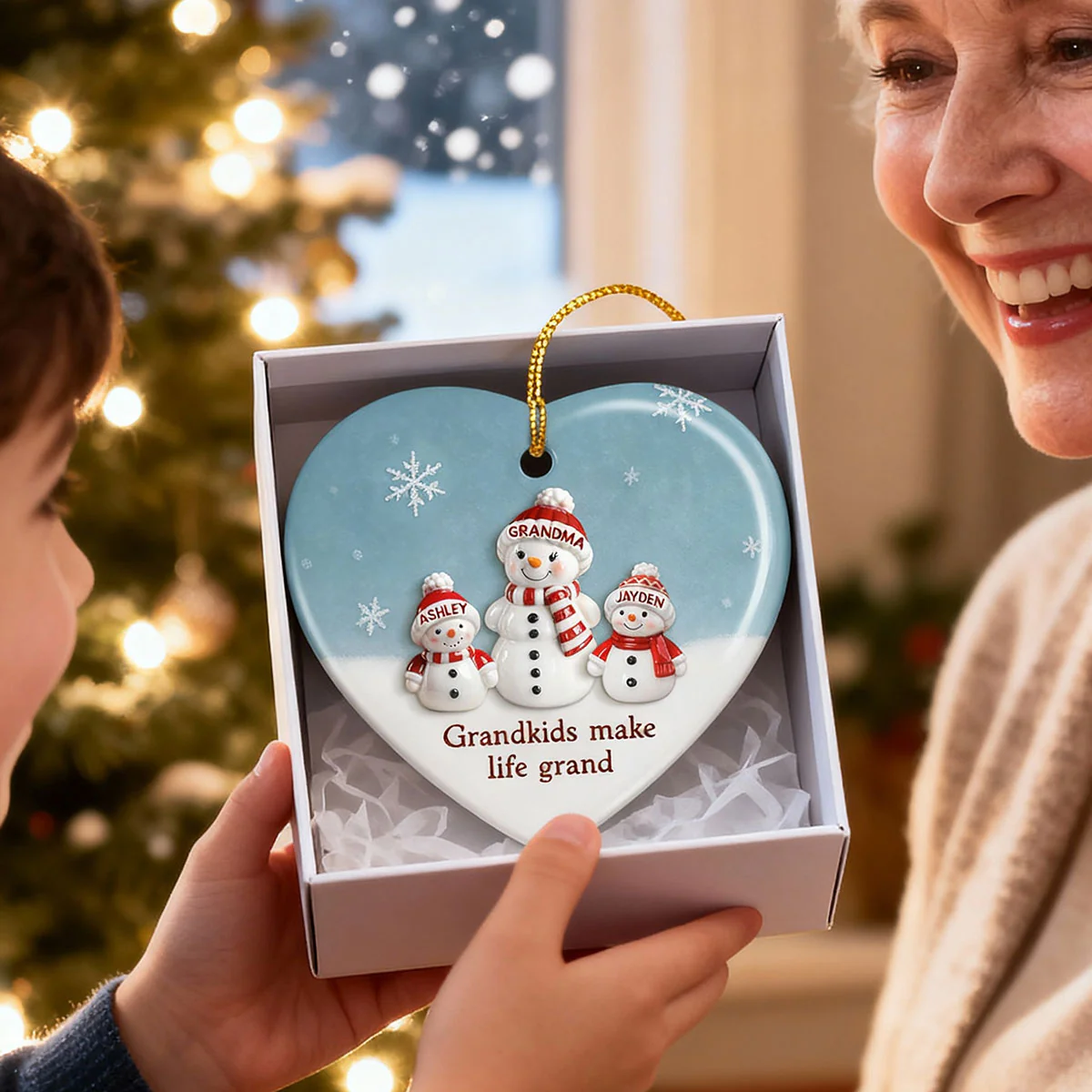 3D Effect Snowman Grandma & Grandkids - Personalized Ceramic Ornament - Christmas Gift For Grandchildren, Grandma - Image 4