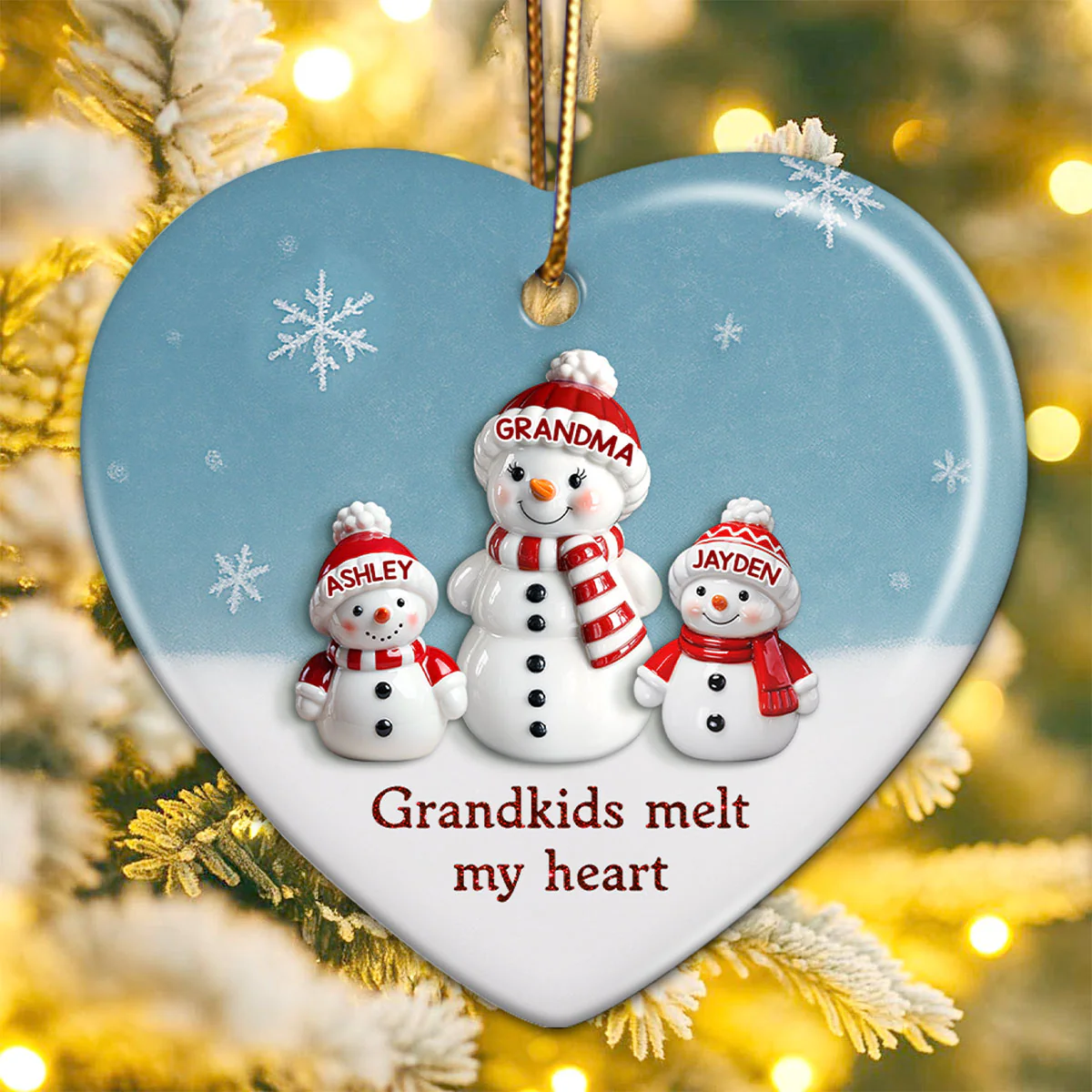 3D Effect Snowman Grandma & Grandkids - Personalized Ceramic Ornament - Christmas Gift For Grandchildren, Grandma - Image 8