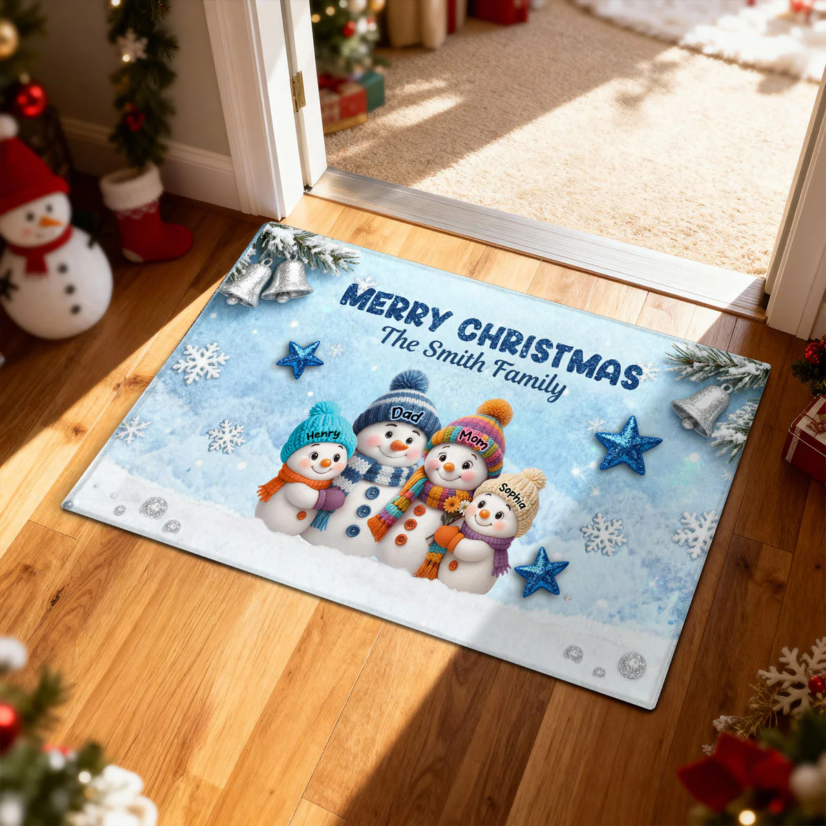 3D Effect Snowy Christmas Snowman Family - Personalized Doormat - Image 2