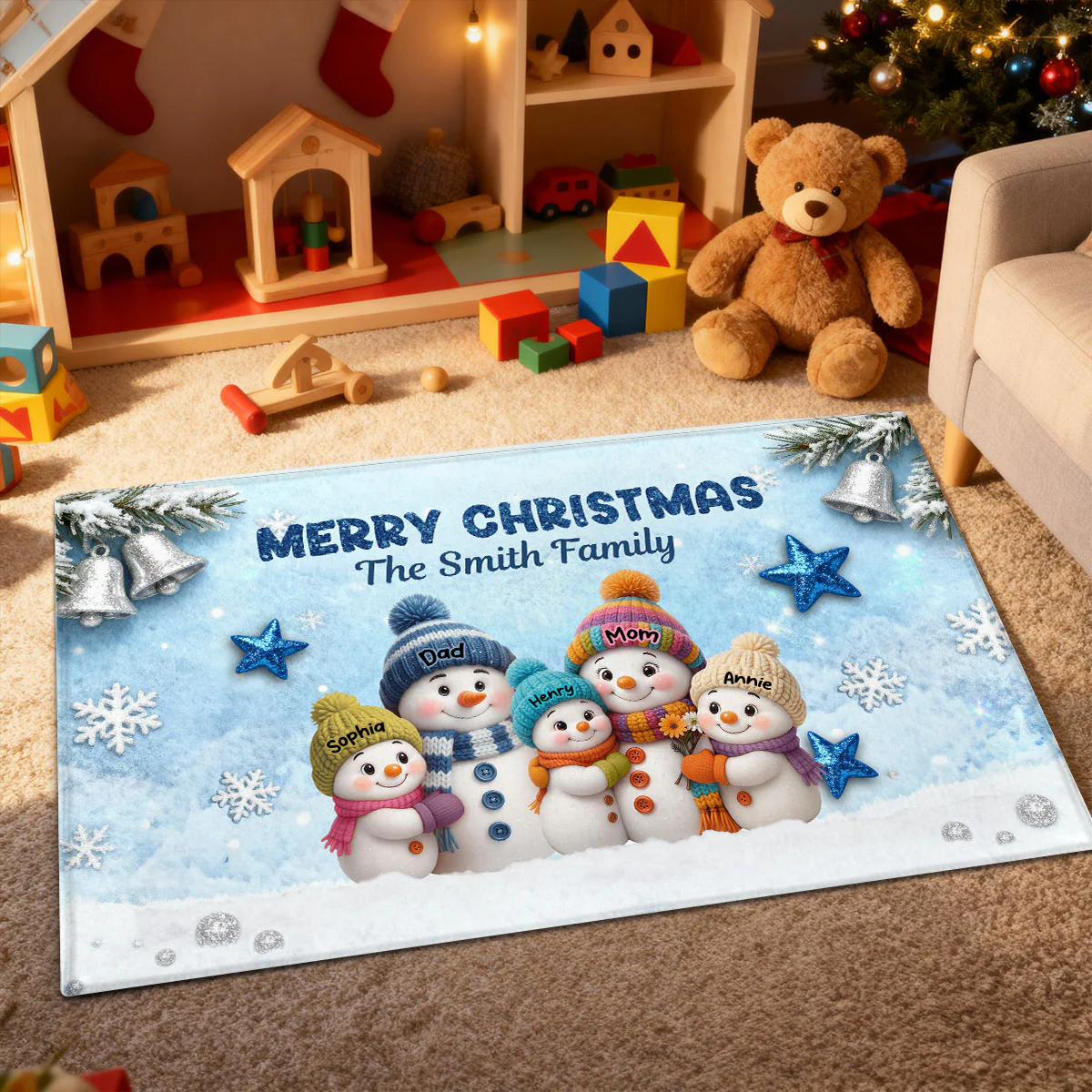 3D Effect Snowy Christmas Snowman Family - Personalized Doormat - Image 6