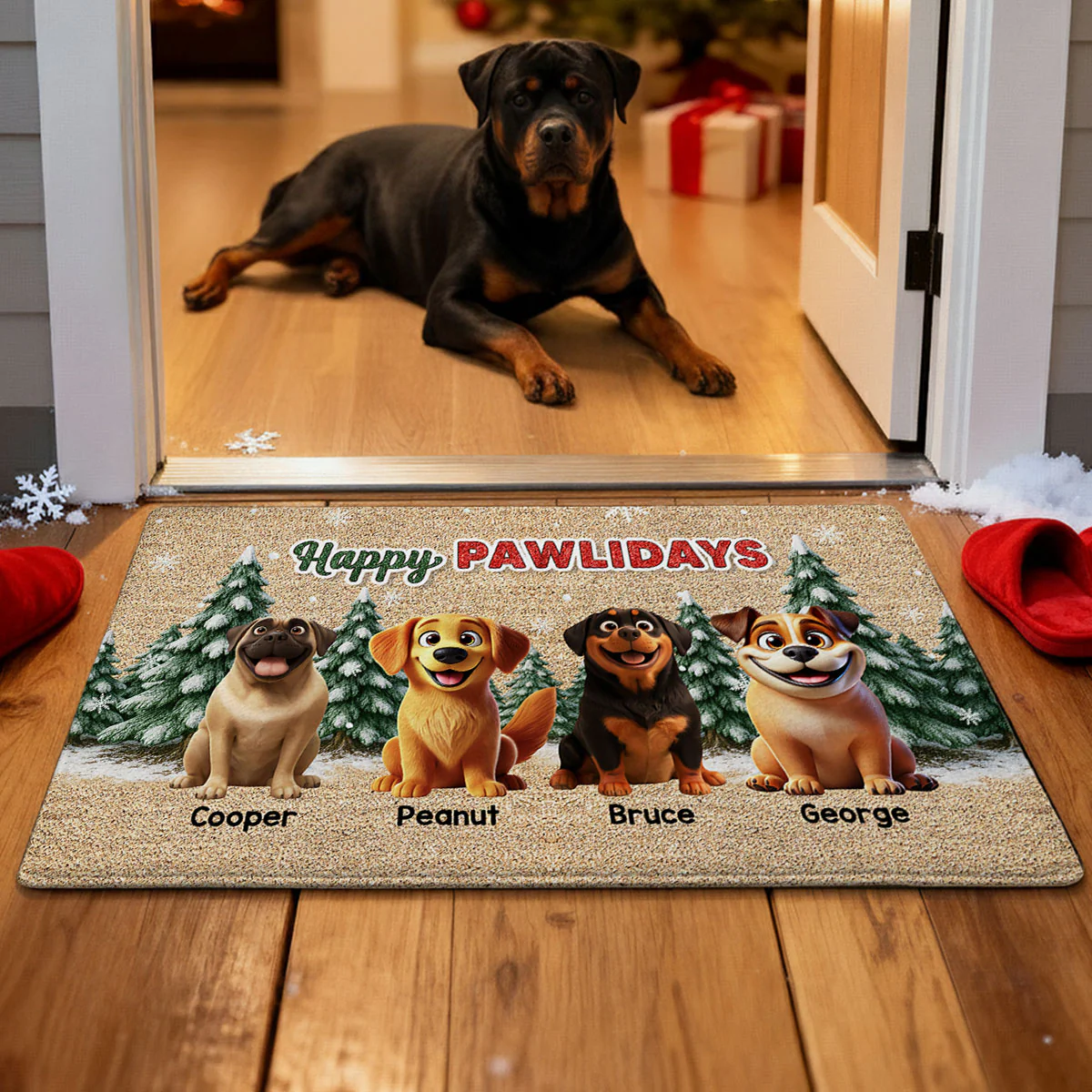 3D Effect Snowy Christmas Tree Beautiful Dog Merry Woofmas Christmas - Personalized Doormat - Image 2
