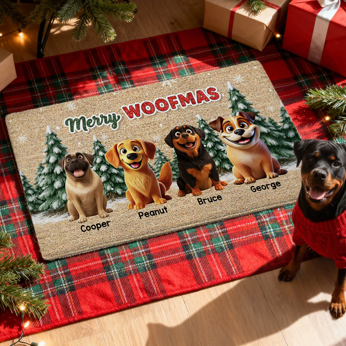 3D Effect Snowy Christmas Tree Beautiful Dog Merry Woofmas Christmas - Personalized Doormat - Image 3