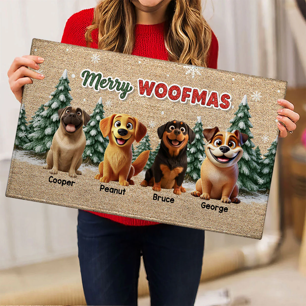3D Effect Snowy Christmas Tree Beautiful Dog Merry Woofmas Christmas - Personalized Doormat - Image 7