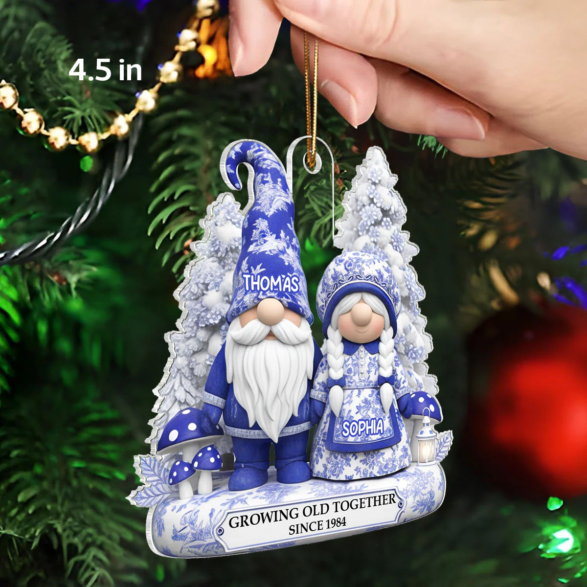 3D Effect Standing Gnome Couple Toile De Jouy Pattern - Personalized Acrylic Ornament - Image 2