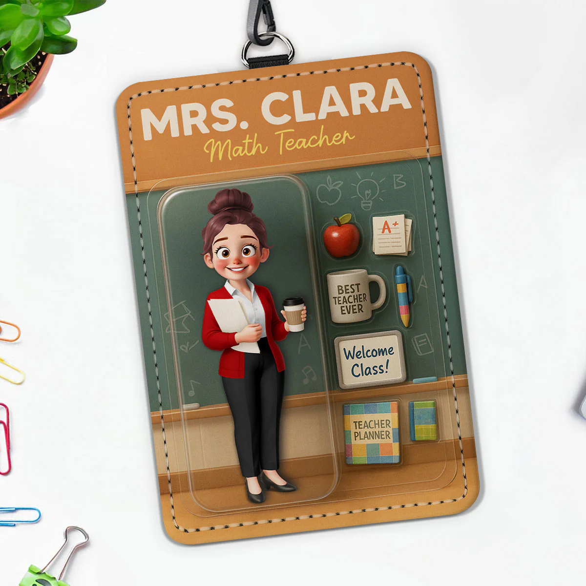 3D Effect Teacher Figure Style Personalized ID Badge Holder, Back To School Gift For Teacher Colleagues