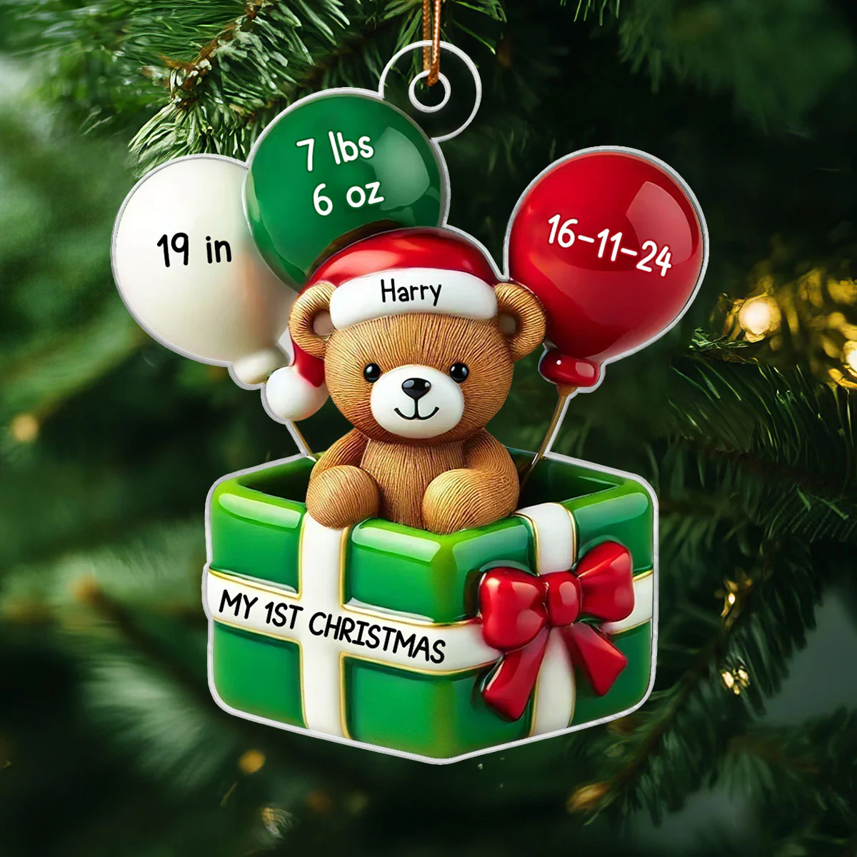 3D Effect Teddy Bear Baby First Christmas Personalized Acrylic Ornament, Newborn Christmas Gift - Image 2