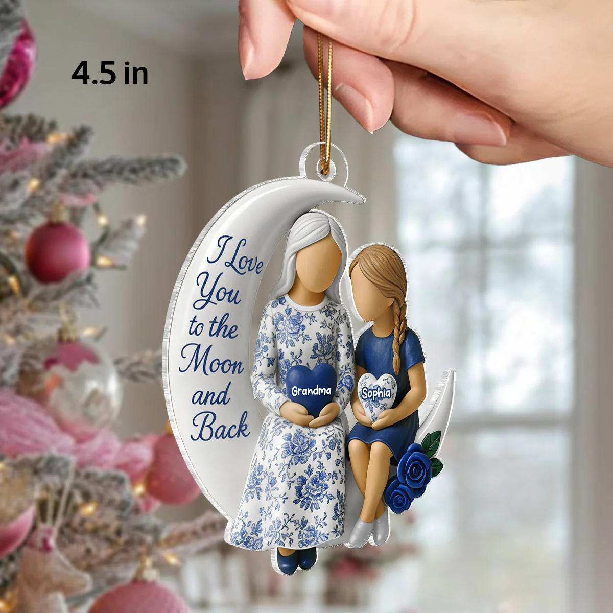 3D Effect Toile De Jouy Pattern Grandma Grandkid On Moon - Personalized Acrylic Ornament - Gift For Granddaughter - Image 2