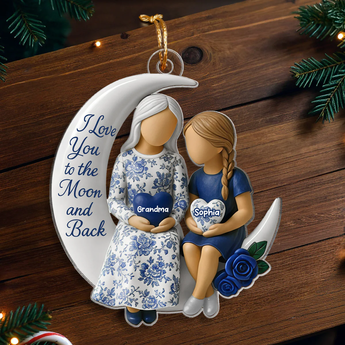 3D Effect Toile De Jouy Pattern Grandma Grandkid On Moon - Personalized Acrylic Ornament - Gift For Granddaughter - Image 4