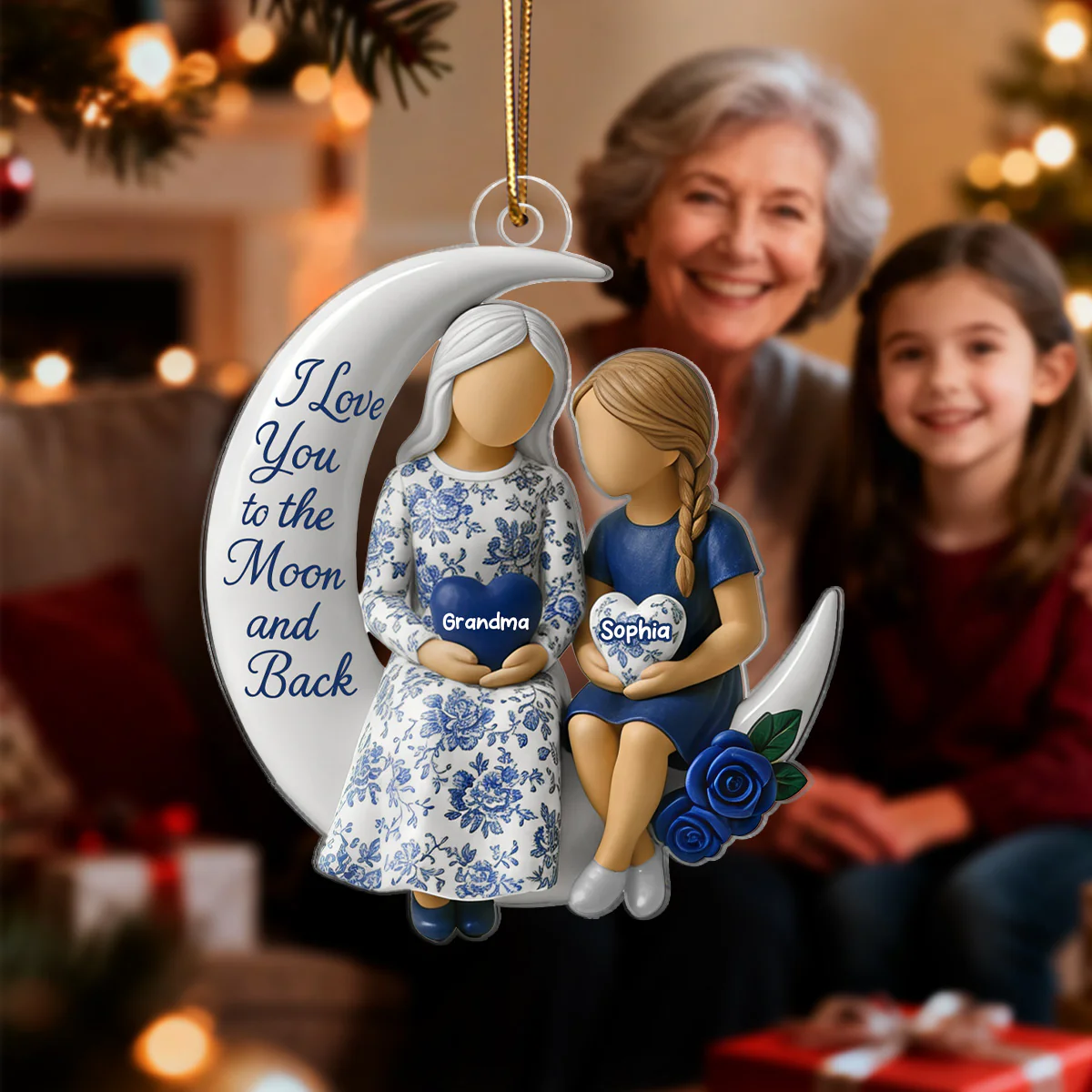 3D Effect Toile De Jouy Pattern Grandma Grandkid On Moon - Personalized Acrylic Ornament - Gift For Granddaughter - Image 5