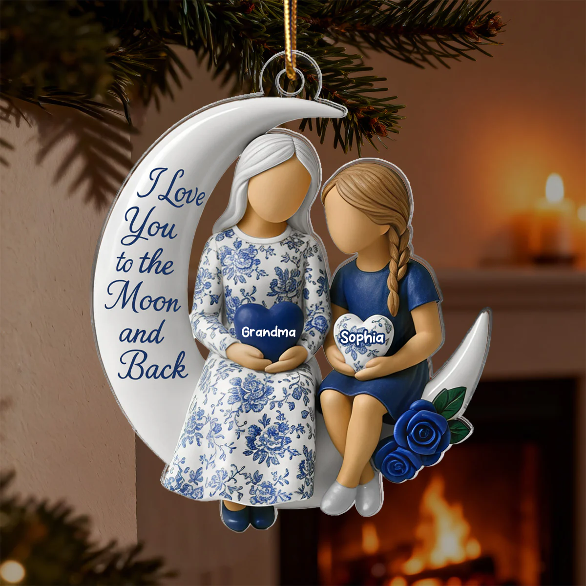 3D Effect Toile De Jouy Pattern Grandma Grandkid On Moon - Personalized Acrylic Ornament - Gift For Granddaughter - Image 6